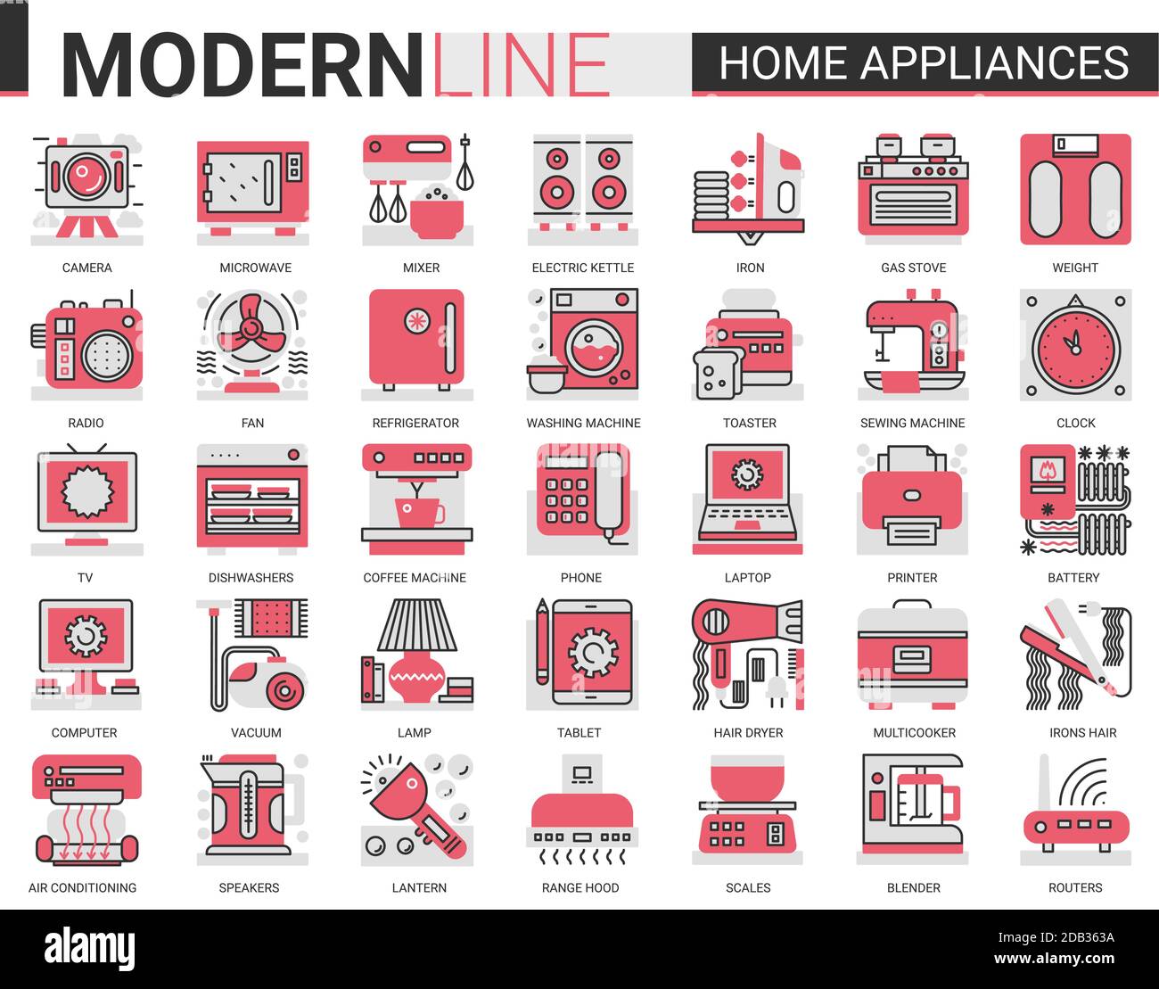 Appareils ménagers concept complexe ligne plate icône ensemble vectoriel. Symboles linéaires fins noirs rouges pour le nettoyage de la maison, la cuisine ou la salle de bains articles ménagers, cheveux soins du corps, gadgets électroniques collection de contour Illustration de Vecteur