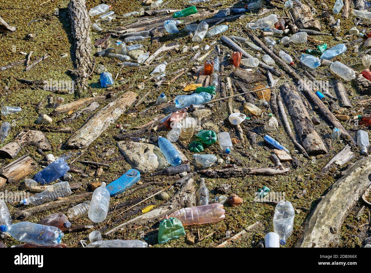 Les déchets de plastique s'écoulaient dans l'eau polluée accumulée à un barrage, problèmes environnementaux Banque D'Images