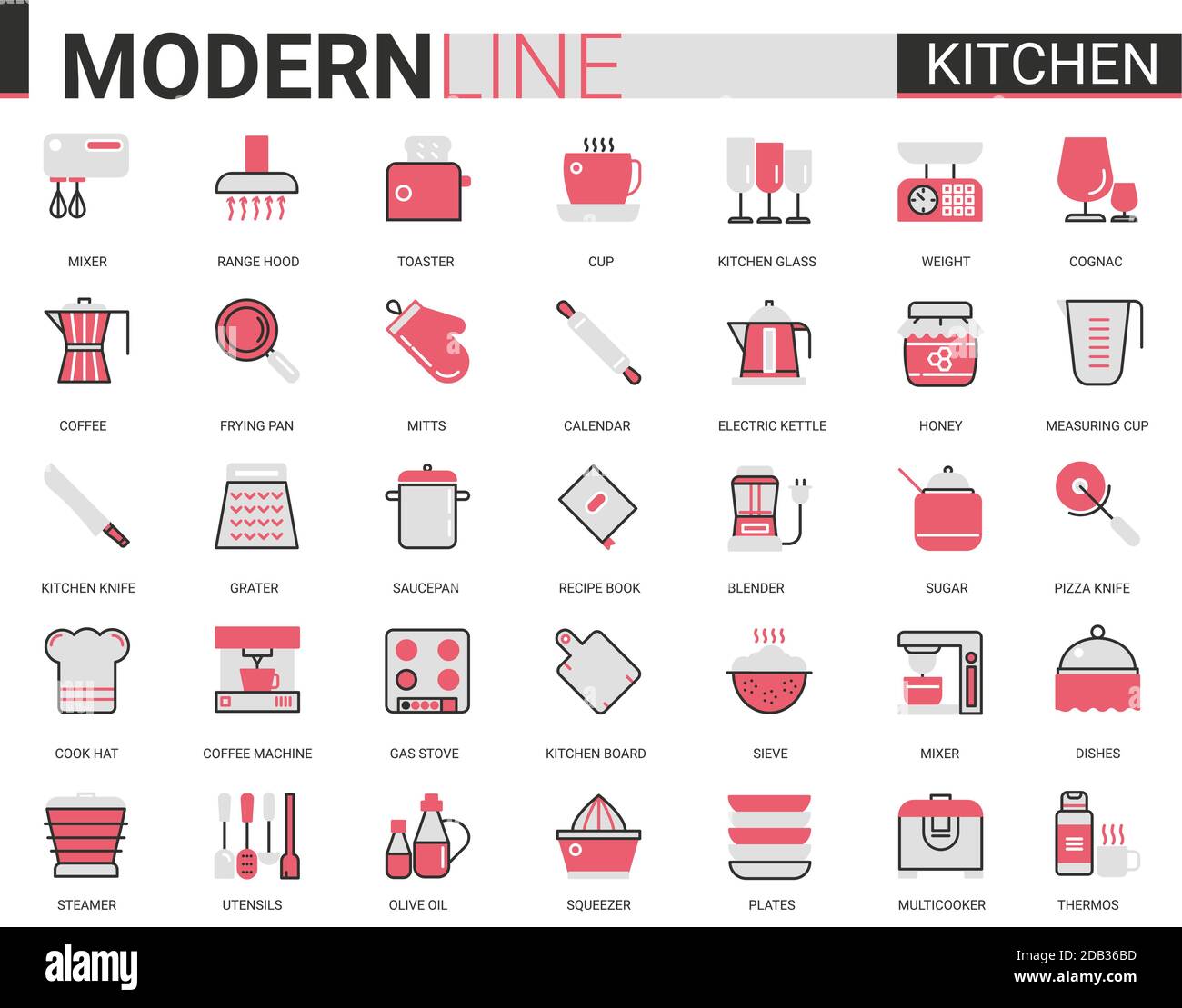Ensemble d'illustrations vectorielles Icon de cuisine à lignes plates. Collection de symboles d'application mobile rouge noir fin pour ustensiles de cuisine, vaisselle en verre, outils pour cuisiner des aliments et des appareils ménagers Illustration de Vecteur
