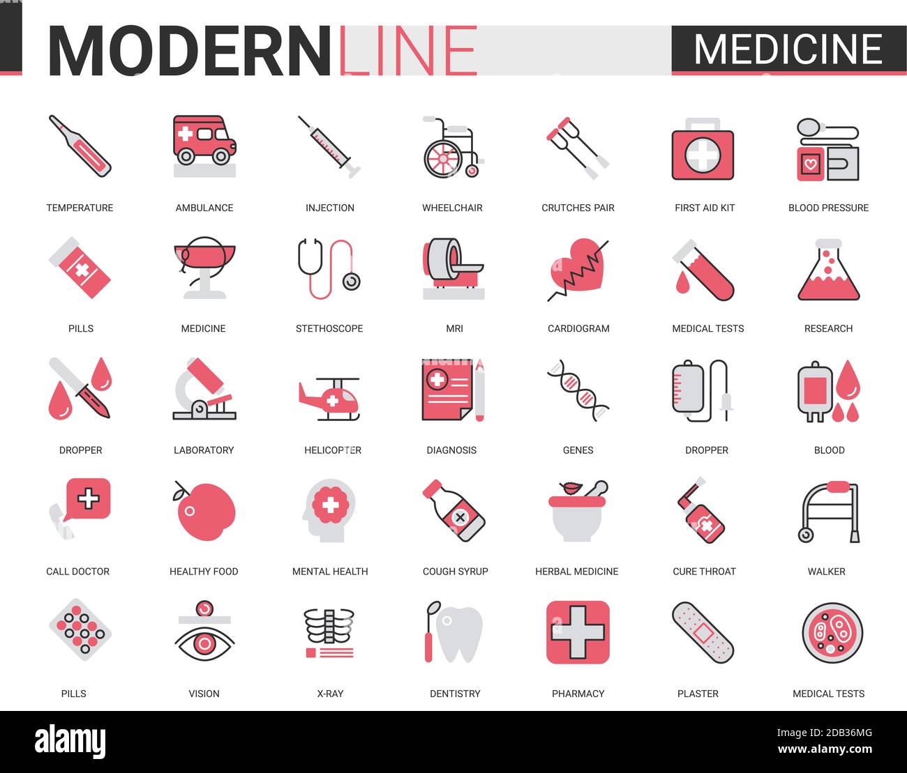 Jeu d'illustrations vectorielles d'icône de ligne plate Medicine Healthcare. Collection de conception linéaire fine noire rouge, symboles médicaux pour applications mobiles avec équipement de laboratoire de recherche en milieu hospitalier, traitement médical Illustration de Vecteur