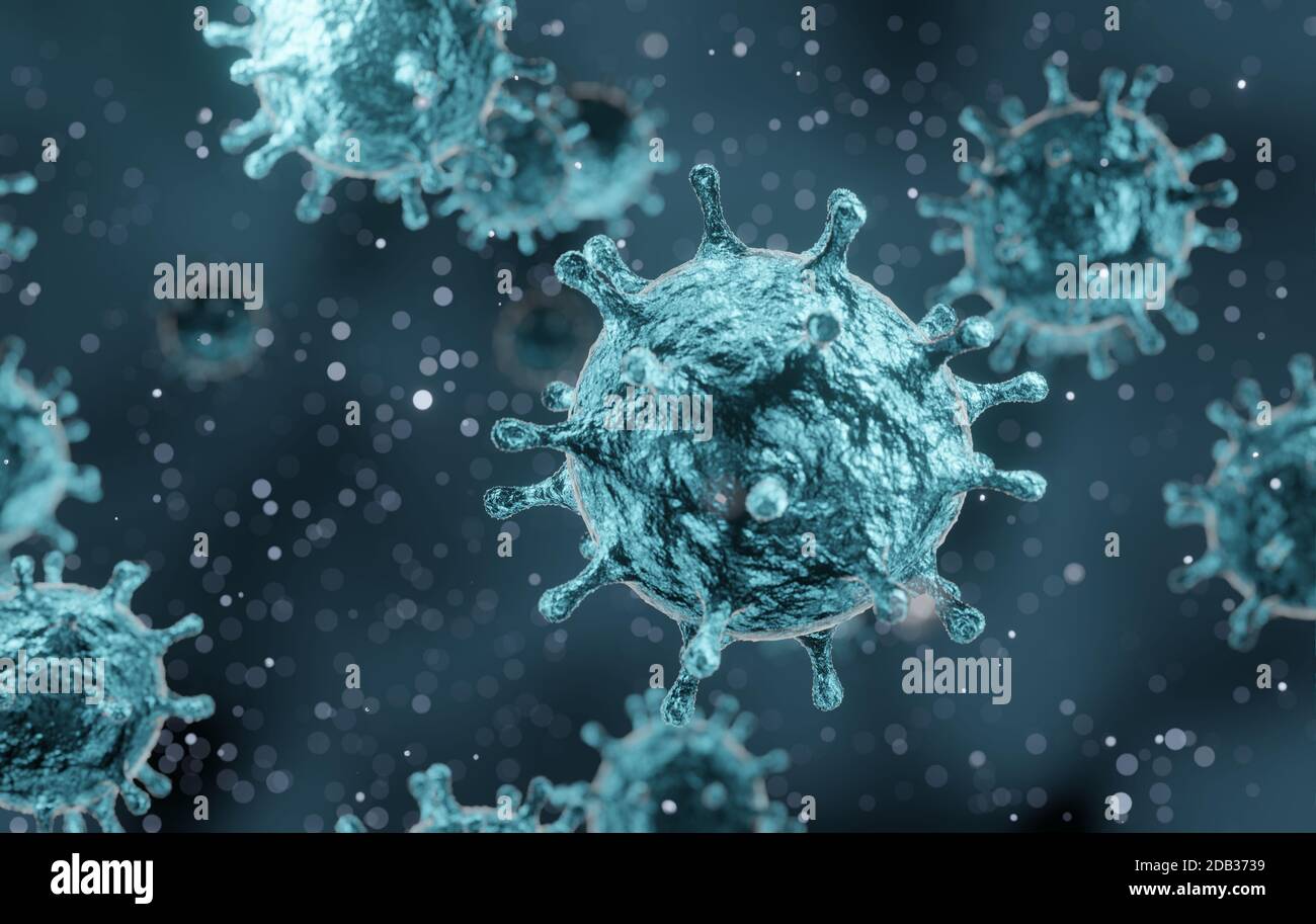 Épidémie de grippe 2019-ncov du virus corona, vue microscopique des cellules flottantes du virus de la grippe, concept de risque pandémique du SRAS, rendu 3D Banque D'Images