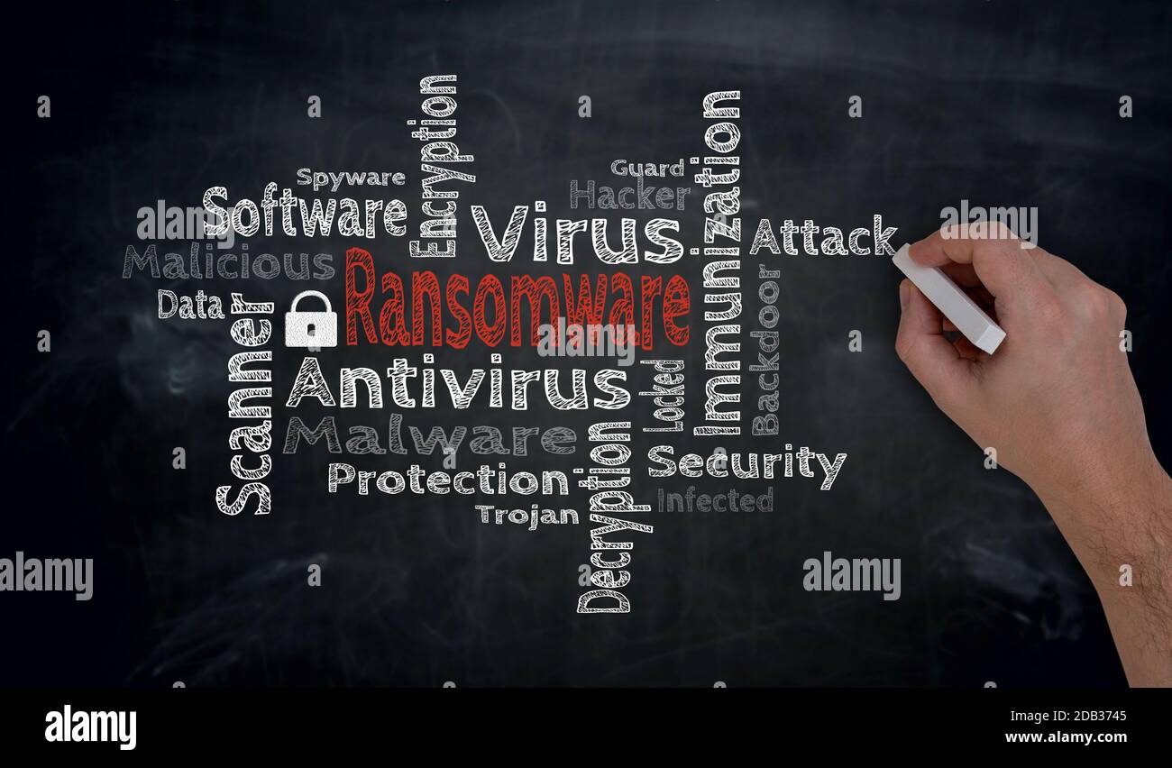 Ransomware Cloud is written by hand on blackboard. Banque D'Images