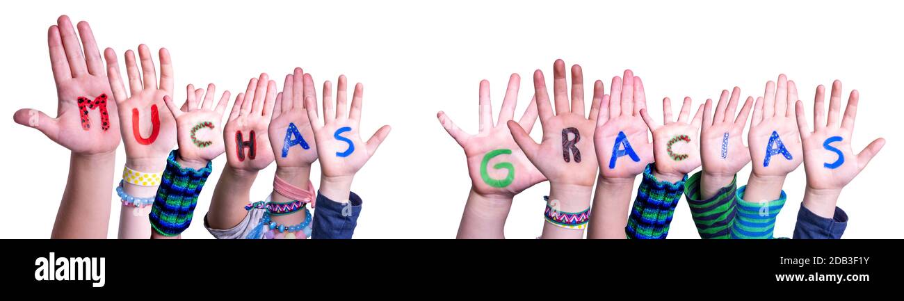 Enfants mains construire coloré espagnol Word Muchas Gracias signifie Merci. Arrière-plan isolé blanc Banque D'Images