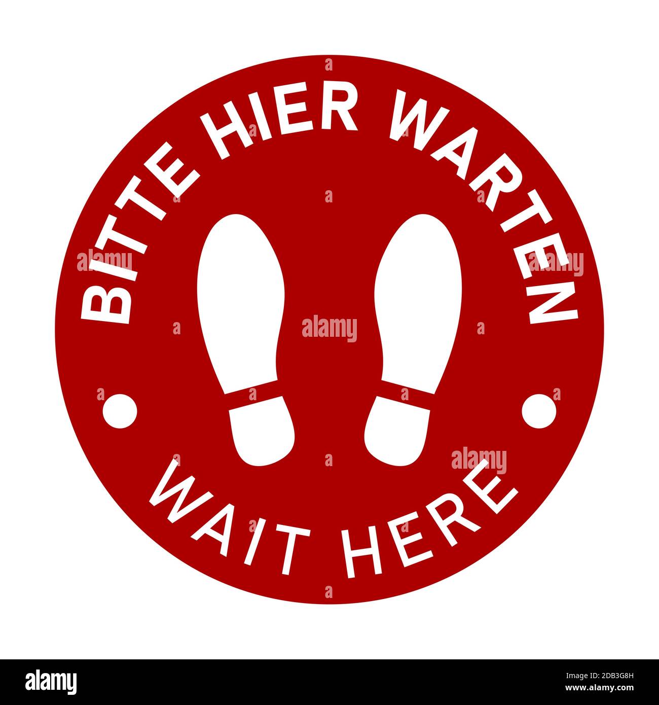 Icône de marquage au sol circulaire bilingue allemand et anglais avec empreintes de chaussures avec les expressions « Bitte Hier WARTEN » et « Please Wait ». Image vectorielle. Illustration de Vecteur