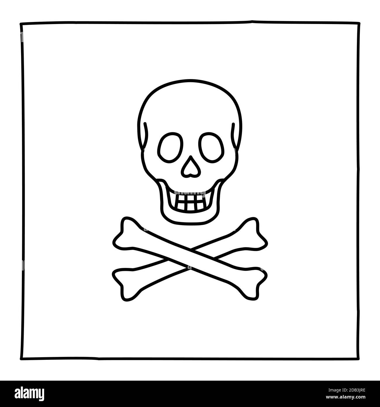 Icône ou logo Doodle Skull, dessiné à la main avec une fine ligne noire. Illustration de Vecteur
