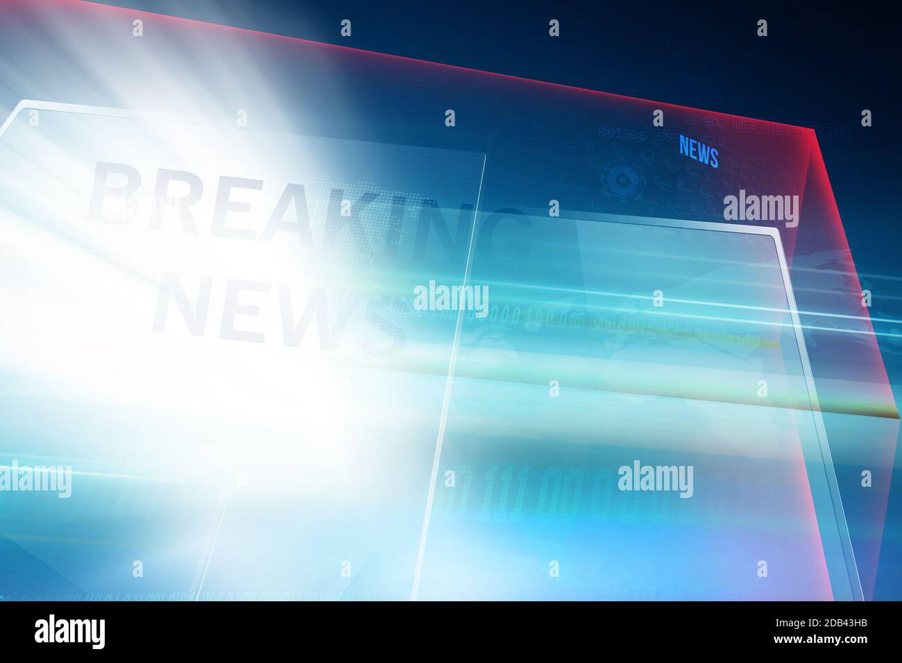Espace studio moderne avec grands écrans plats brisant le texte d'actualité, adapté pour briser l'arrière-plan d'actualité. Illustration tridimensionnelle Banque D'Images
