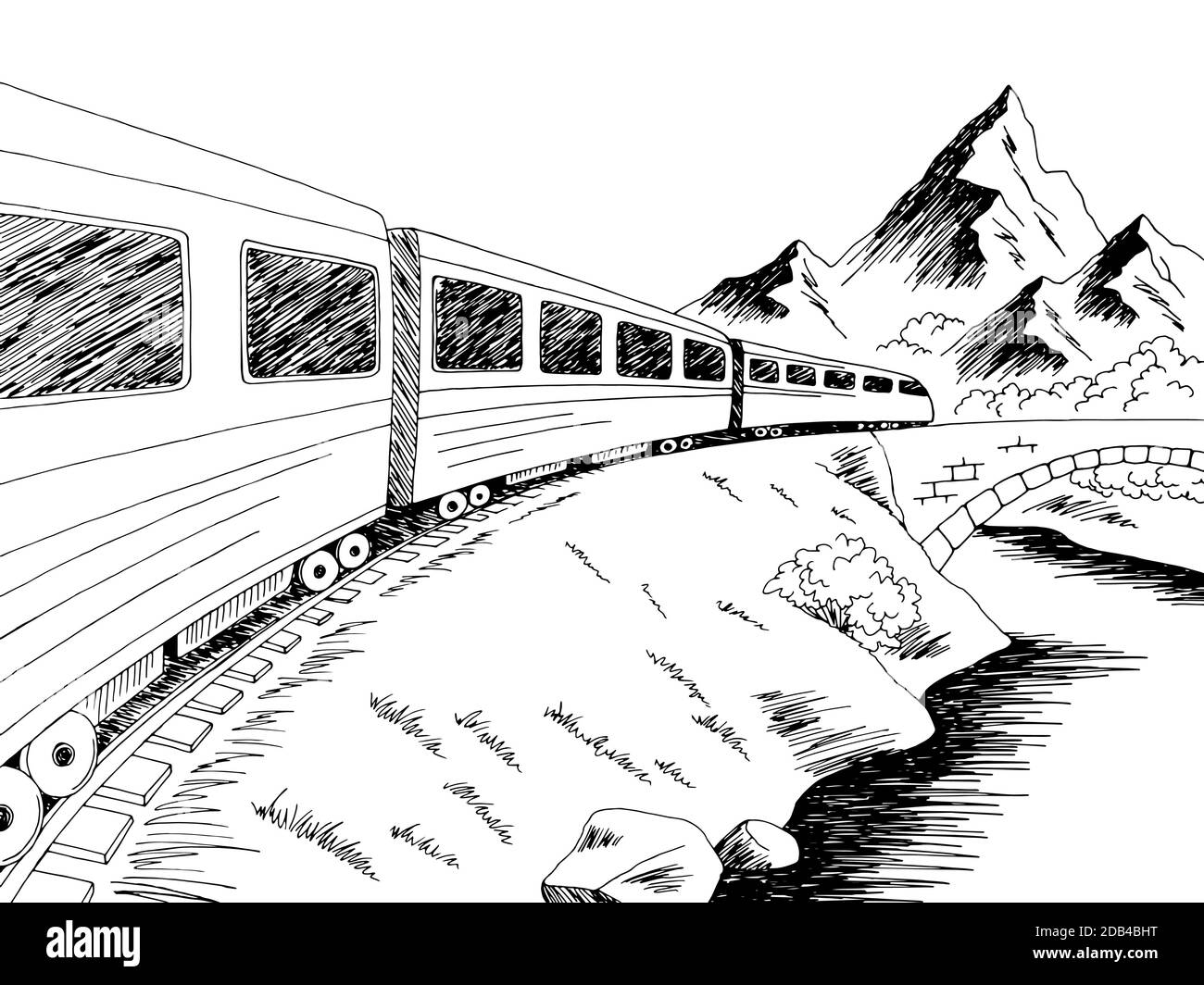 Graphique de voyage en train noir blanc paysage dessin vecteur d'illustration Illustration de Vecteur