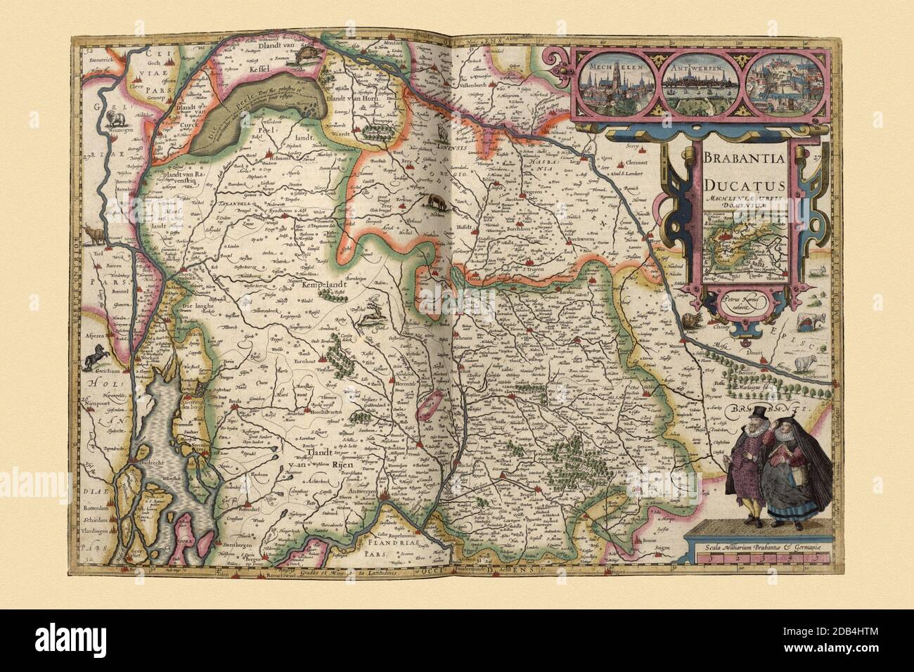 'Le duché de Brabant était une région historique dans les pays Bas. Son territoire se composait essentiellement des trois provinces belges modernes du Brabant flamand, du Brabant wallon et d'Anvers, de la région de Bruxelles-capitale et de la majeure partie de la province hollandaise actuelle du Brabant Nord. Le drapeau de Belgique est basé sur les couleurs des armoiries de Brabant : noir, jaune et rouge. À l'époque romaine, le territoire était situé dans les provinces romaines de Belgica et de Germania inférieur et habité par les Belges, d'origine à la fois celtique et germanique. À la fin de la période romaine, ils ont été conquêtes Banque D'Images