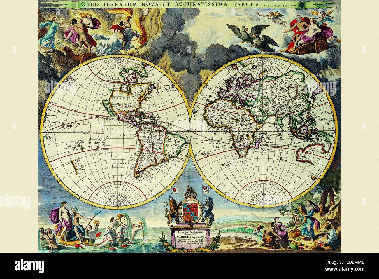 Moses Pitt, libraire basé à Londres, est né en 1654. Il a prévu de publier un grand Atlas mondial de 12 volumes basé sur Blaeu / Janssonius Atlas avec Johannes van Waesbergen. L'expérience l'a ruiné et seulement 4 volumes ont été publiés entre 1680 et 1683. Il est mort en 1696.. Banque D'Images