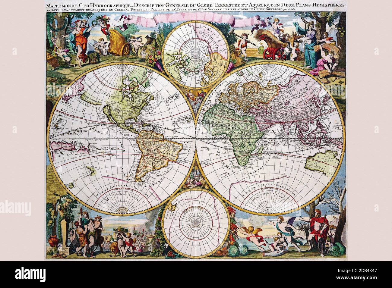 Mappe-monde Geo-Hydrographe Description générale du Globe Terresterre Aquatique en deux plans hémisphères. Banque D'Images