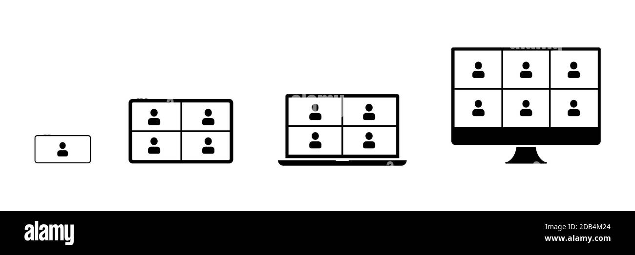 Chat vidéo de groupe. Illustration de vecteur de médias sociaux dans la conception de blacg. Conférence à distance par appel vidéo familial. Travail à distance. Illustration de Vecteur
