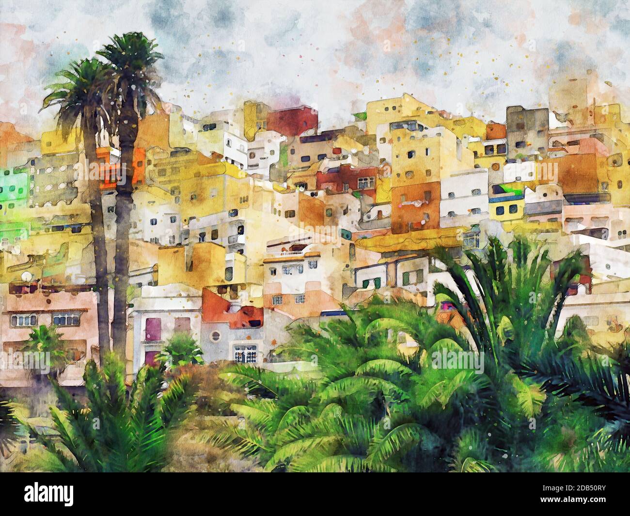 Vue aérienne du paysage urbain de Las Palmas de Gran Canaria. Illustration aquarelle. Banque D'Images