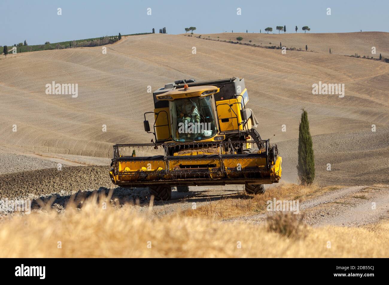 Pienza, Italie - 13 septembre 2011: Moissonneuse-batteuse pendant la récolte et le paysage rural de la Toscane. Italie Banque D'Images