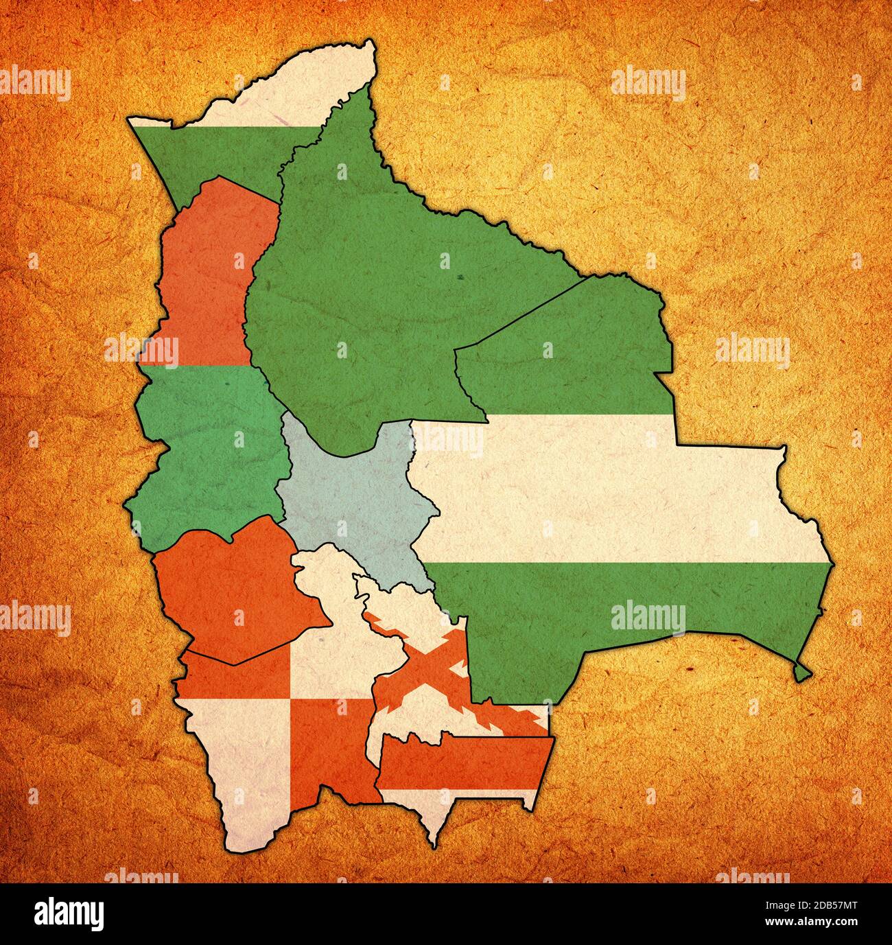 Territoire et drapeaux des régions sur la carte avec des divisions administratives et des frontières de la Bolivie avec le chemin d'écrêtage Banque D'Images