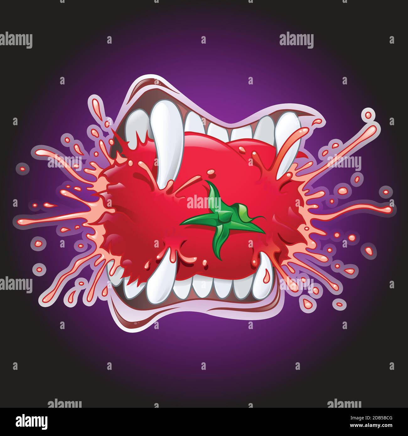 Illustration de la bande dessinée des dents de vampire mordant une tomate juteuse. Arrière-plan violet foncé Illustration de Vecteur
