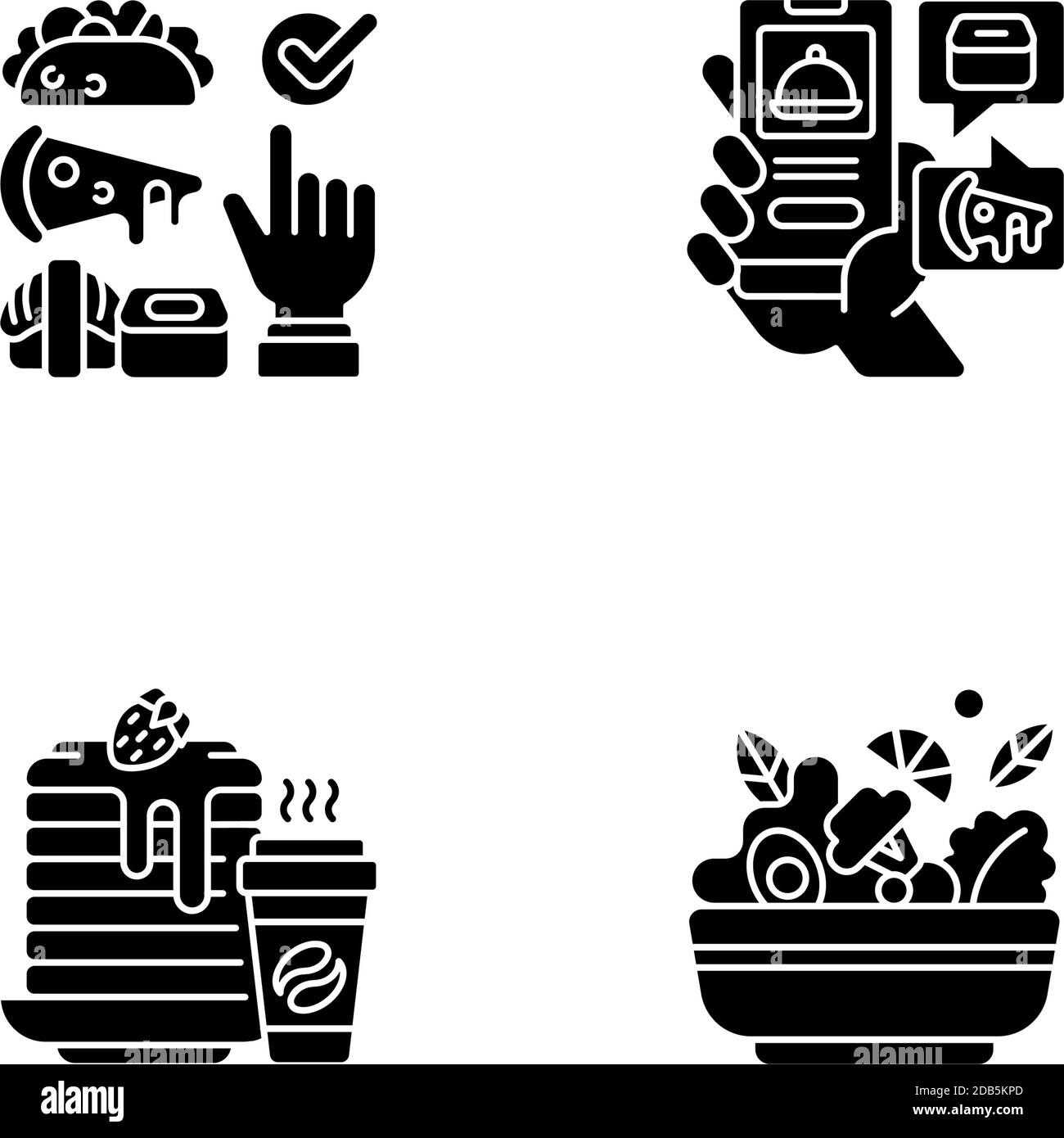 Livraison de produits alimentaires, préparation de repas, plats préparés icônes de glyphes noires placées sur un espace blanc Illustration de Vecteur