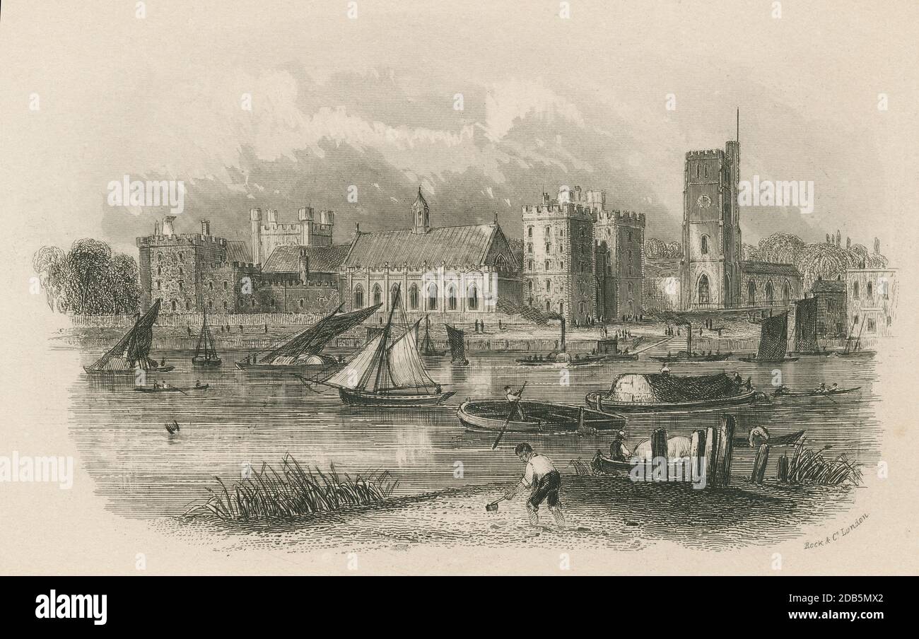 Gravure antique de c1850, palais de Lambeth. Le palais de Lambeth est la résidence officielle de Londres de l'archevêque de Canterbury. Il est situé au nord de Lambeth, à Londres, sur la rive sud de la Tamise. SOURCE : GRAVURE ORIGINALE Banque D'Images