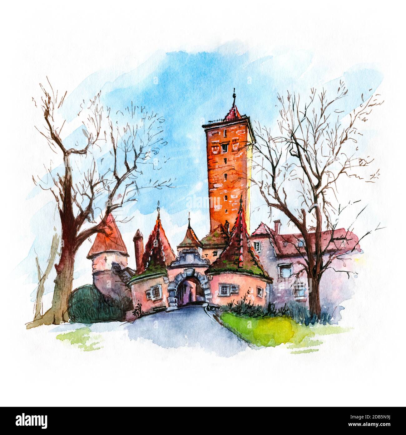 Esquisse en aquarelle de la porte de ville occidentale et de la tour Burgturm et Stadttor dans la vieille ville médiévale de Rothenburg ob der Tauber, Bavière, Allemagne du sud Banque D'Images