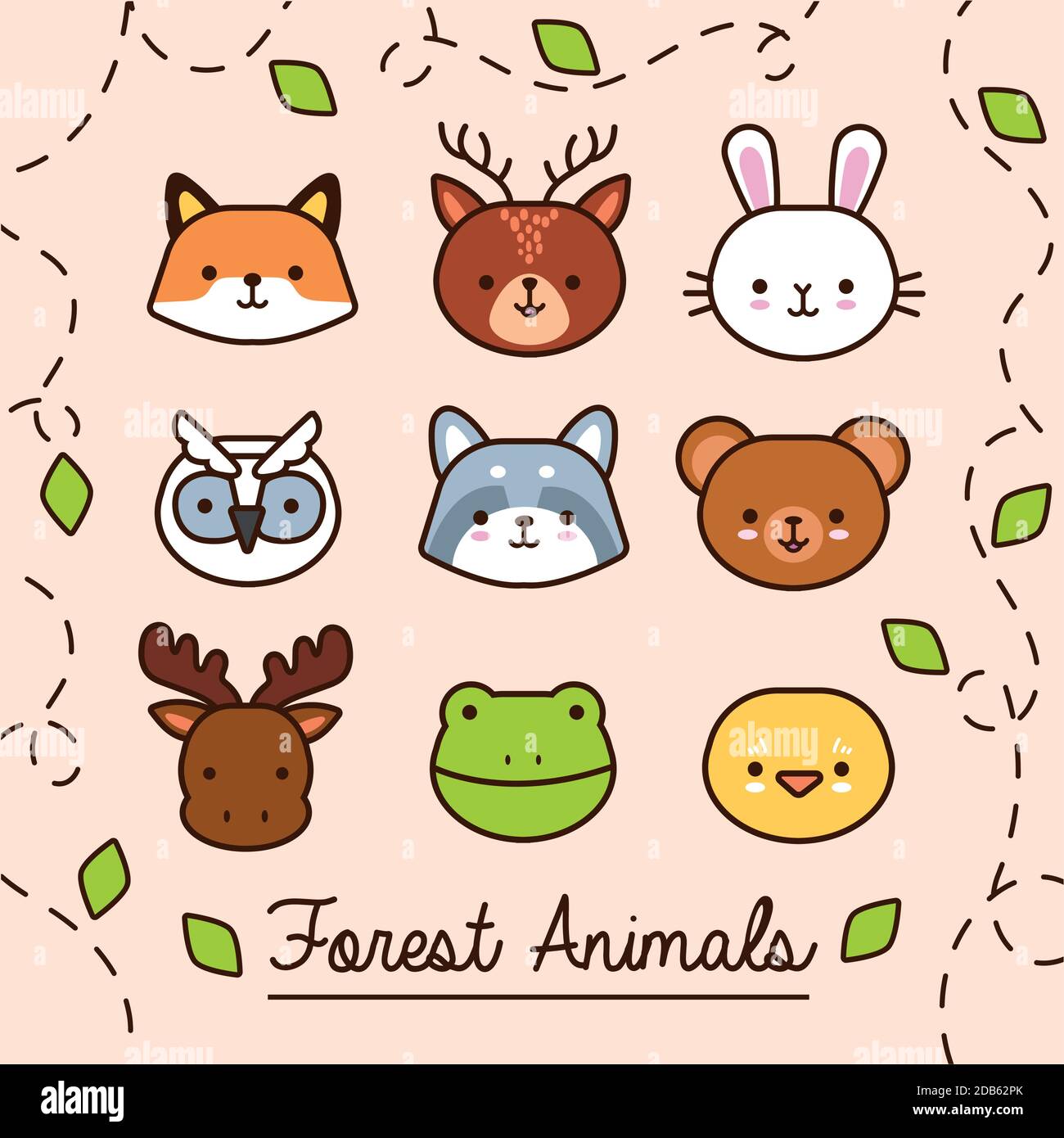 faisceau d'animaux kawaii avec feuilles de plante ligne et remplir illustration vectorielle de style Illustration de Vecteur