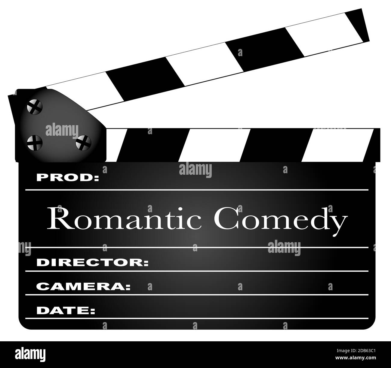 Un clapperboard typique de film avec la légende Romantique Comedy isolé sur blanc. Banque D'Images