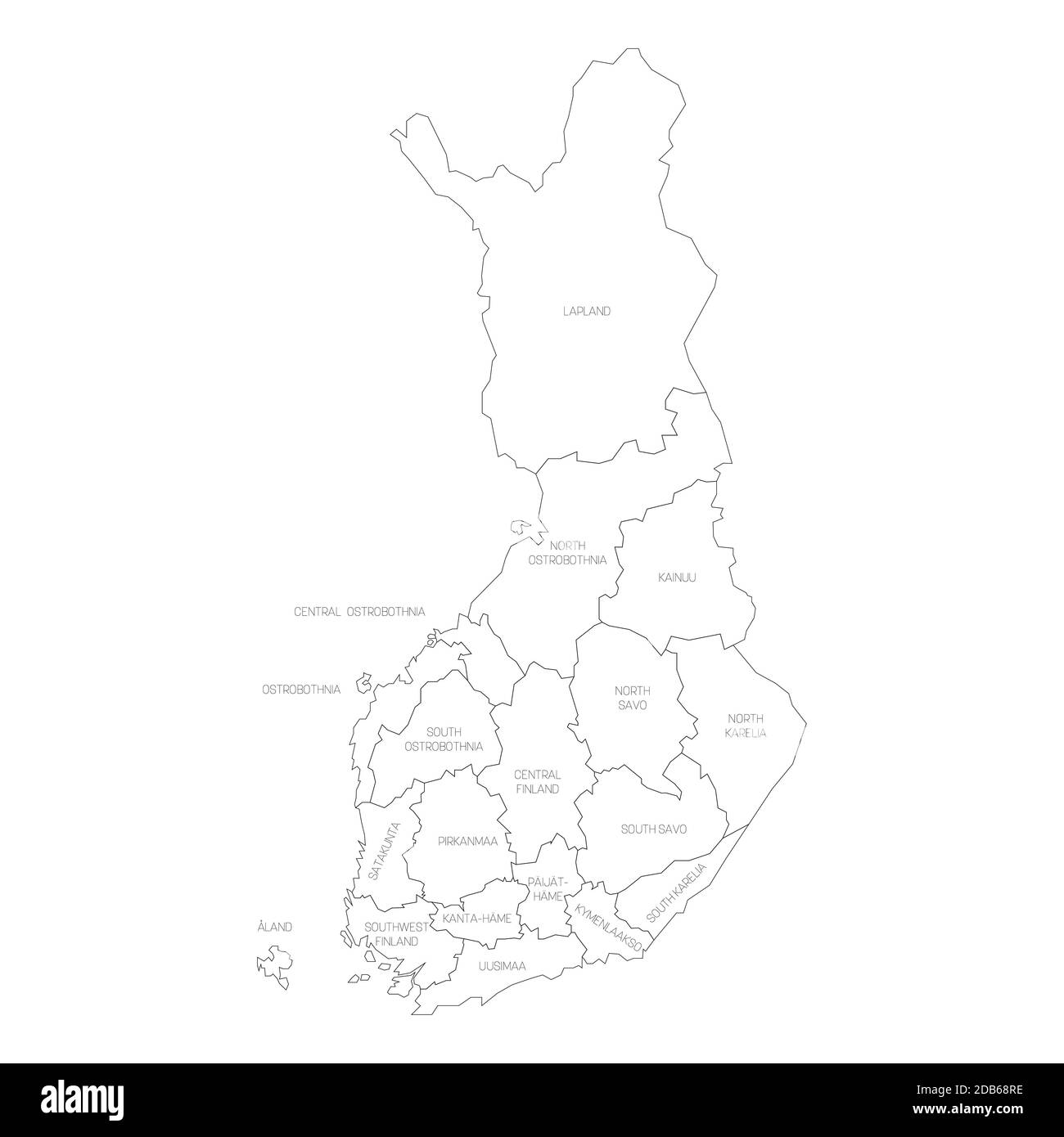 Carte politique noire de la Finlande. Divisions administratives - régions. Carte vectorielle simple avec étiquettes. Illustration de Vecteur