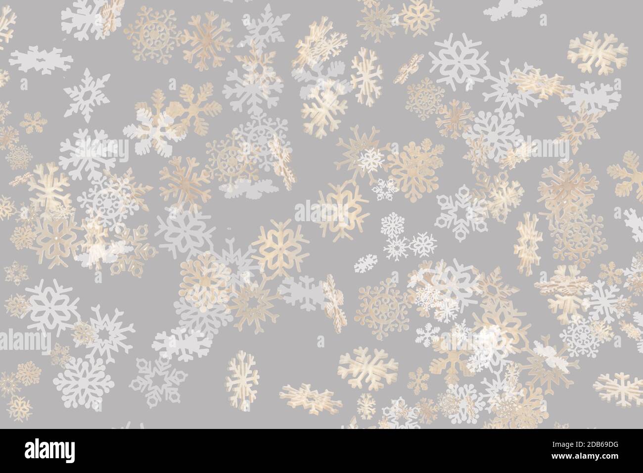Magnifique motif flocon de neige blanc et or tombant sur un subtil fond gris pastel Banque D'Images