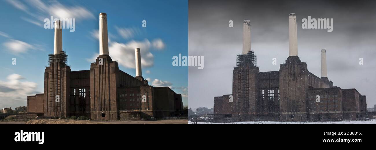 Deux photos de Battersea Power Station prises à différents moments, avant le réaménagement et les nouveaux immeubles à la tombée de la nuit Banque D'Images