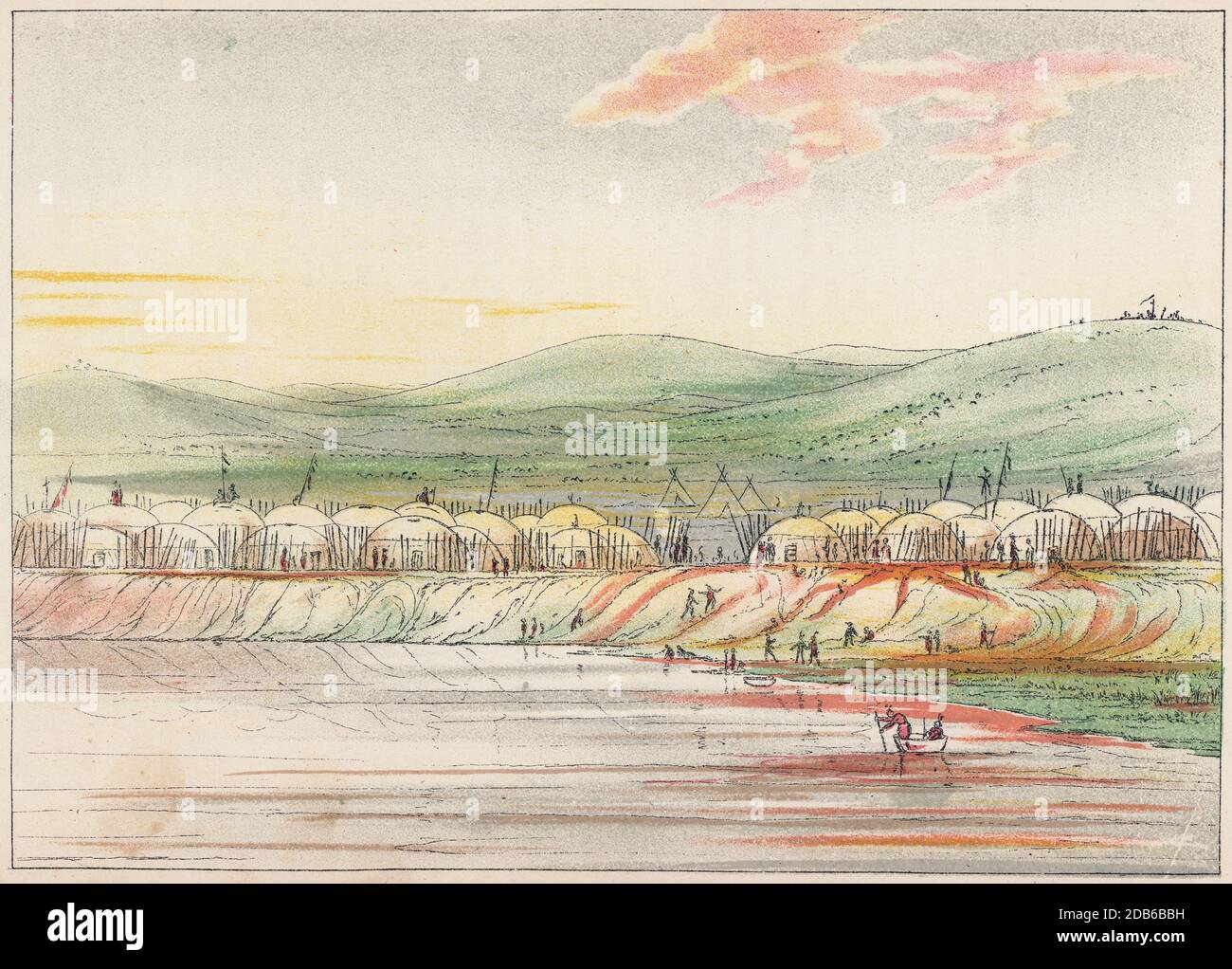 Gravure antique de c1840, village de Ricaree [Arikara] sur le fleuve supérieur du Missouri. Arikara, également connu sous le nom de Sahnish, Arikaree, Ree ou Hundi, est une tribu d'Amérindiens du Dakota du Nord. SOURCE : GRAVURE ORIGINALE Banque D'Images
