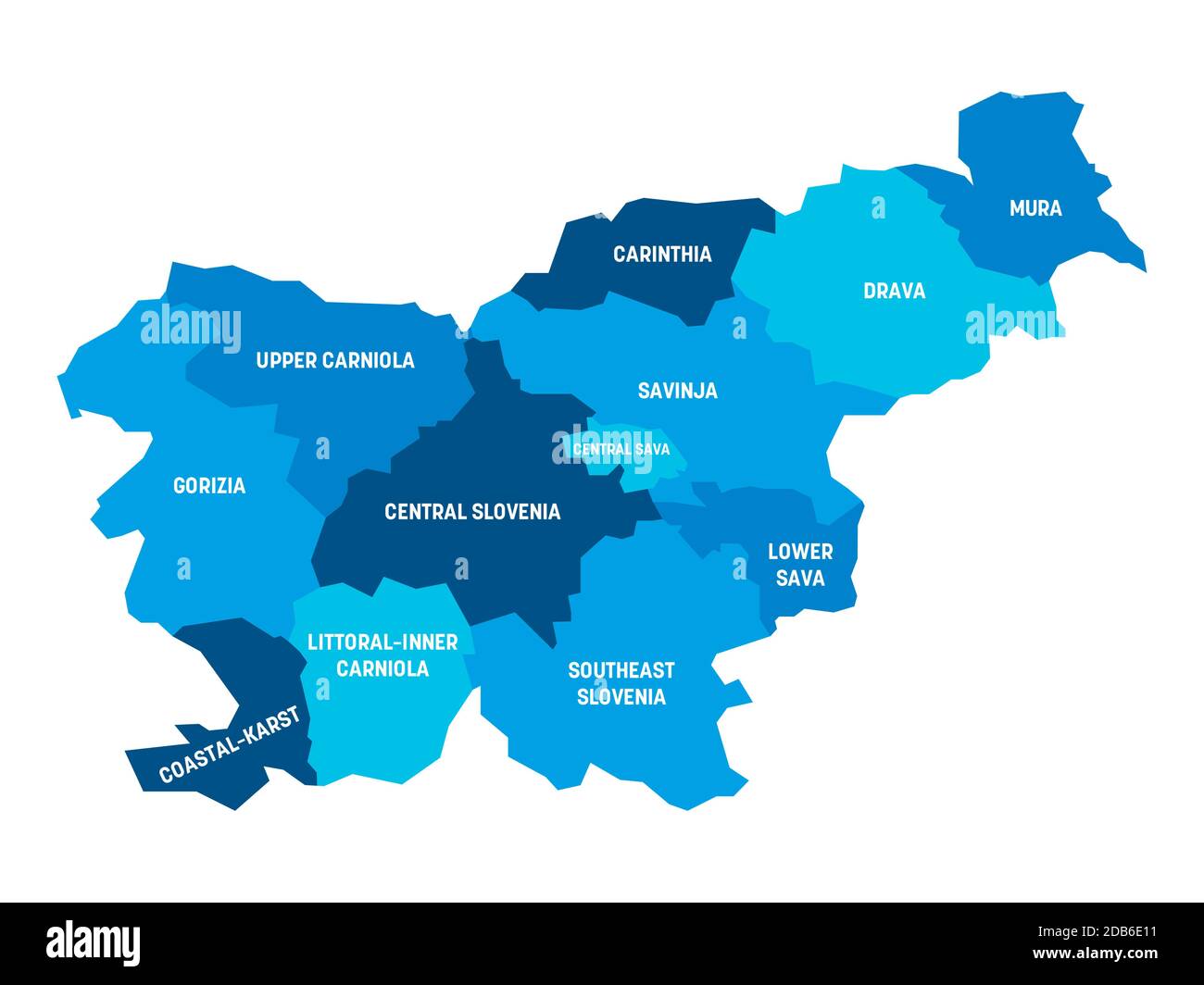 Carte politique bleue de la Slovénie. Divisions administratives - régions statistiques. Carte vectorielle plate simple avec étiquettes. Illustration de Vecteur