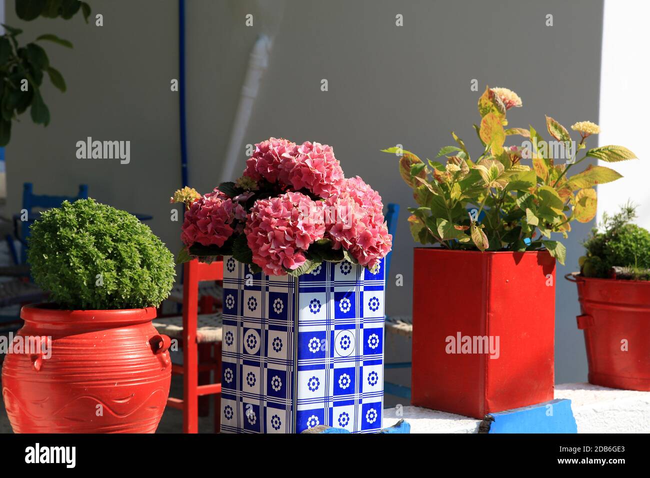 Longue série de pots en céramique dans l'escalier blanc Banque D'Images