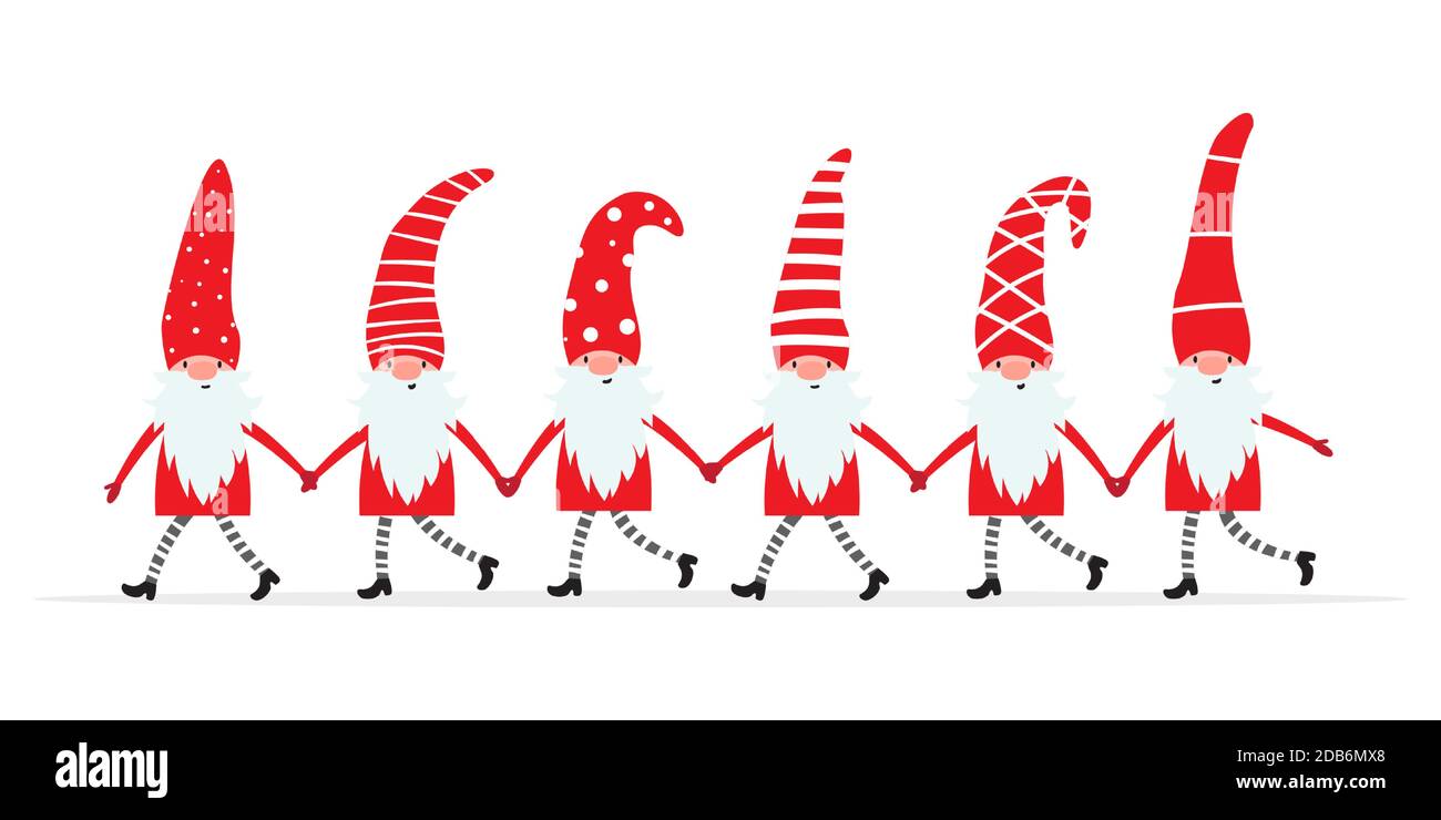 Ensemble de jolis gnomes de noël dans des chapeaux amusants et tenant les mains. Illustration vectorielle des elfs du nord, dessin animé des nains scandinaves. Éléments de Noël pour Illustration de Vecteur
