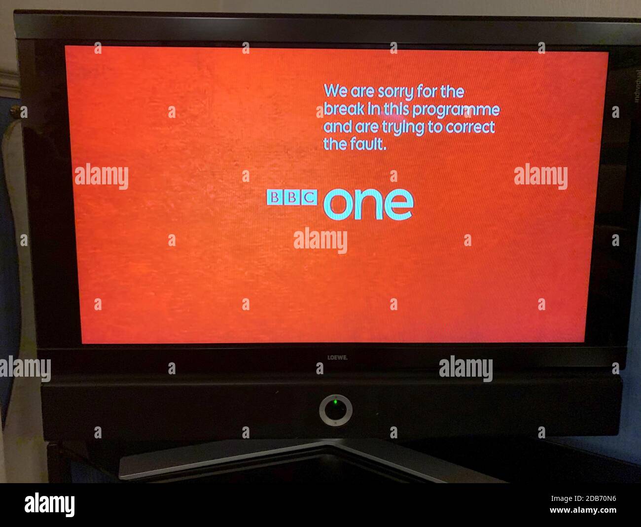 Le message d'erreur affiché à l'écran après BBC One a subi des problèmes techniques lors d'un épisode de Panorama lundi soir. Banque D'Images