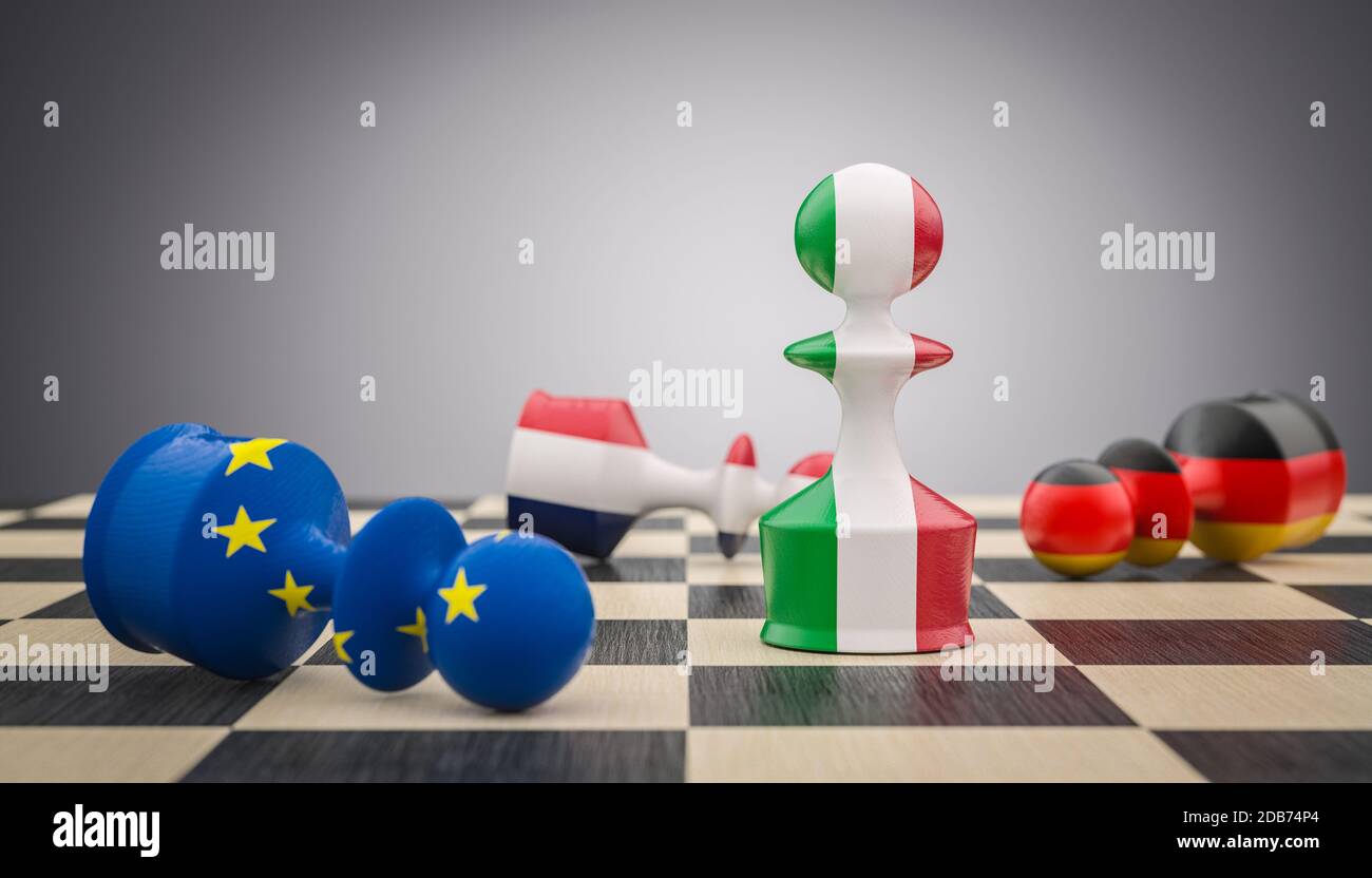 les pions des échecs avec le drapeau italien, français allemand et européen. Concept de défi et de conflit. La sortie de l'Italie marque la fin de la communication européenne Banque D'Images