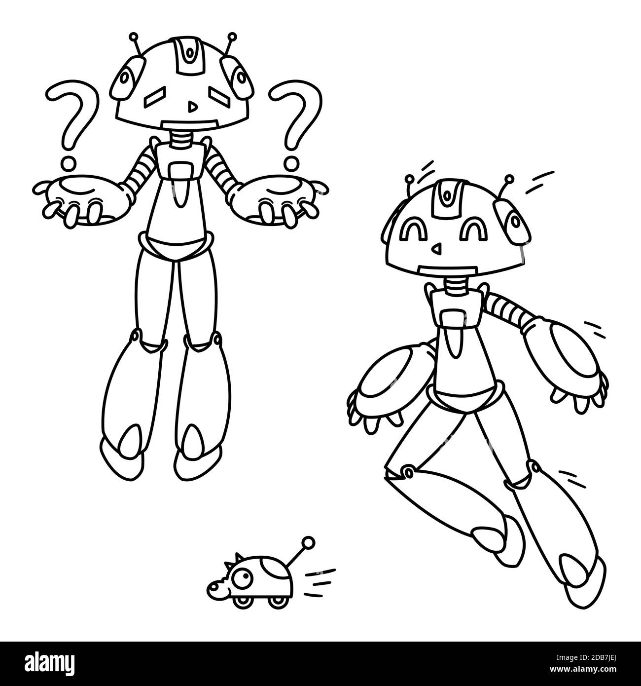 Robot jouant à la rattrapage avec un jouet. Cyborg confus en posant une question. Illustration vectorielle isolée sur fond blanc. Image pour livre de coloriage. Illustration de Vecteur