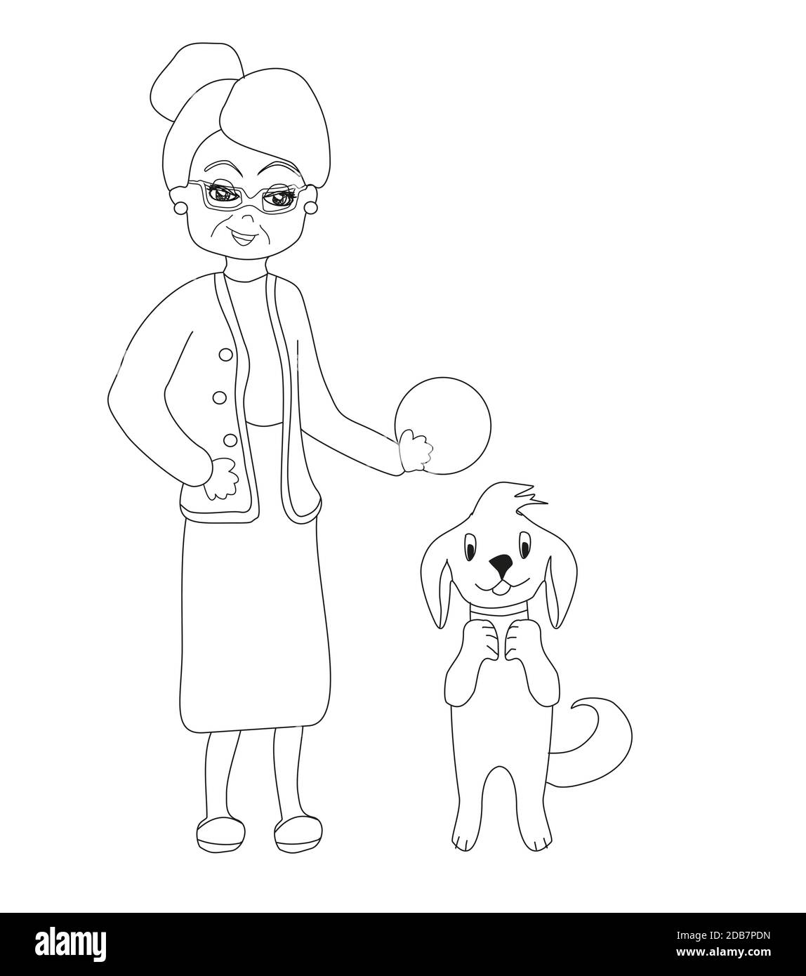 Bande dessinée vieille dame avec son chien, livre de coloriage Banque D'Images