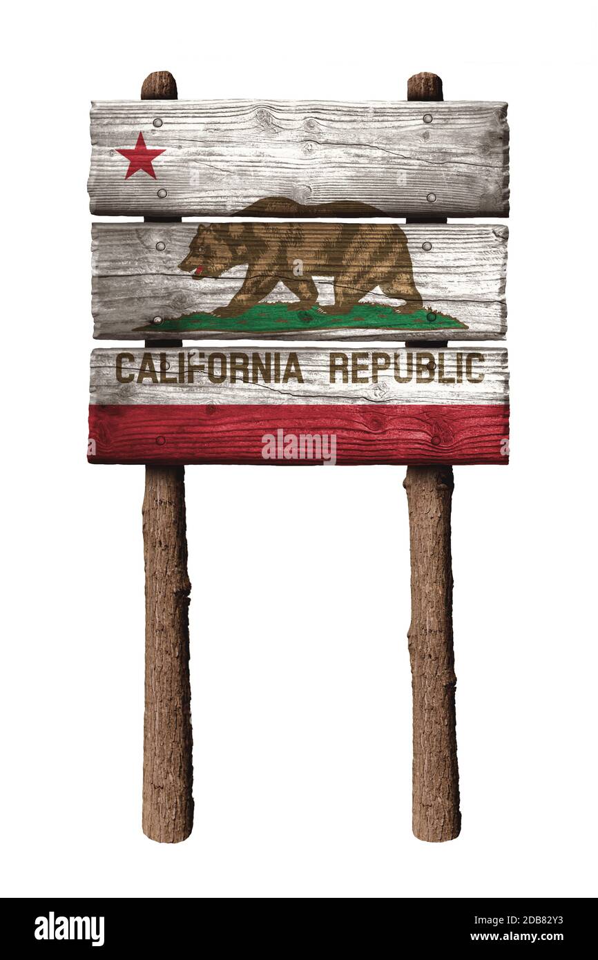 Drapeau de la République de Californie sur des planches signe isolé sur fond blanc Banque D'Images