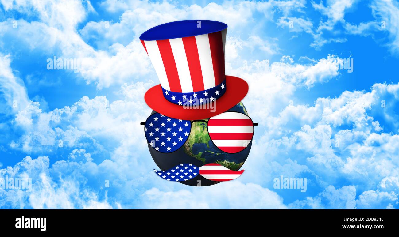 La planète Terre avec oncle Sam's chapeau, lunettes et moustaches. États-unis d'Amérique Drapeau. Date de l'indépendance Concept 3D illustration Banque D'Images