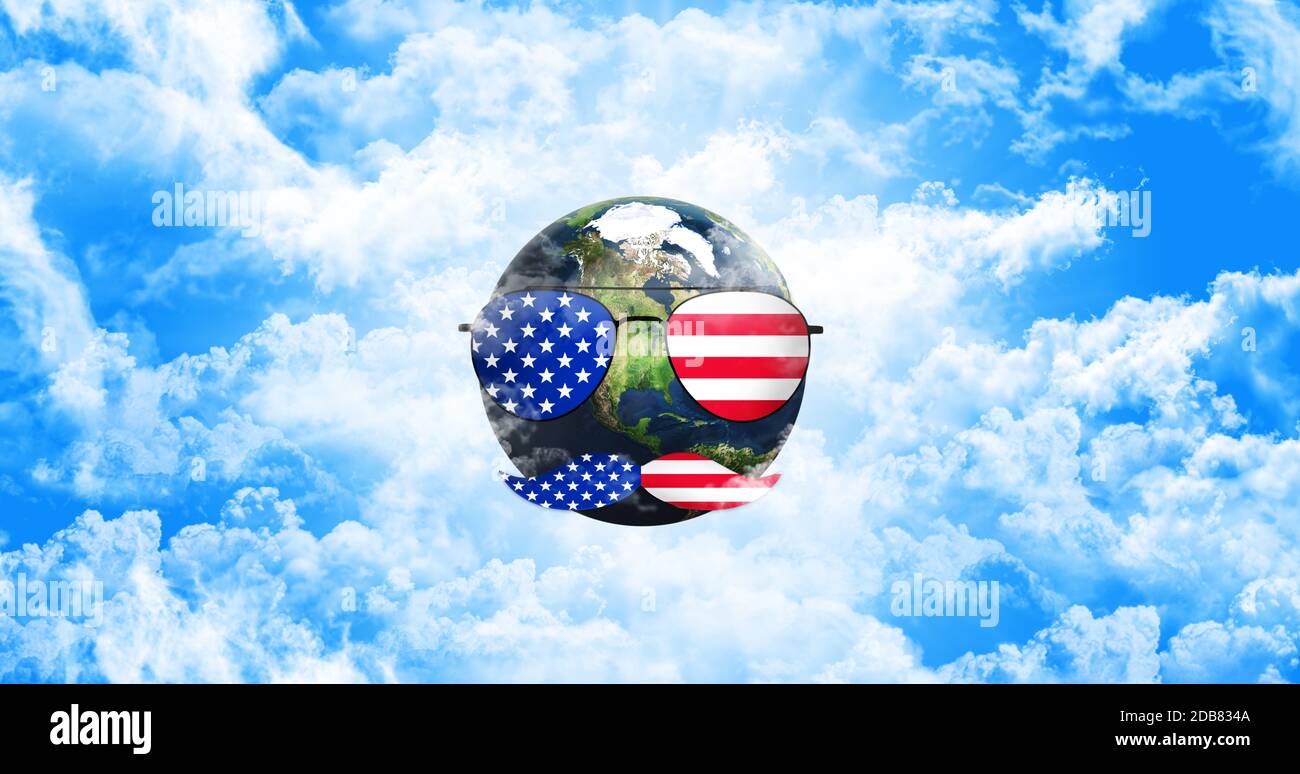 La planète Terre avec des lunettes et des moustaches. États-unis d'Amérique Drapeau. Date de l'indépendance Concept 3D illustration Banque D'Images