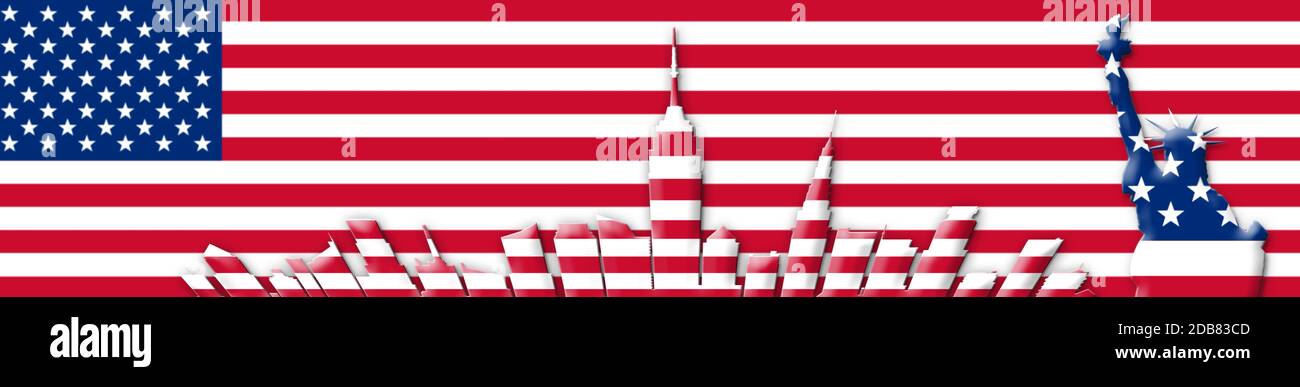 États-unis d'Amérique. 4 juillet, jour de l'indépendance Concept. New York City Skyline contre USA Flag 3D illustration d'arrière-plan Banque D'Images
