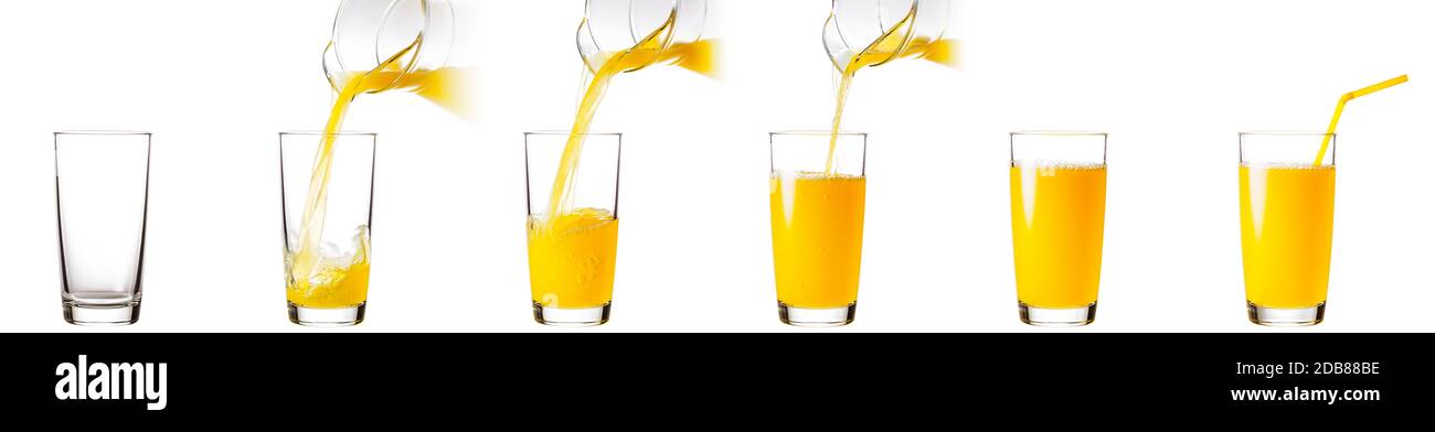 Processus de coulée de jus d'orange dans un verre isolé sur fond blanc Banque D'Images
