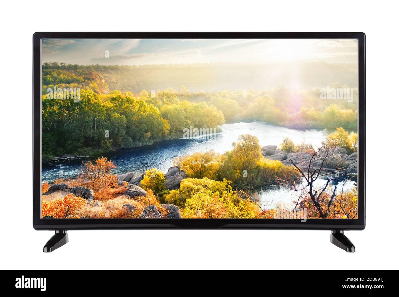 Télévision moderne à écran plat et paysage d'automne avec rivière. Isolé sur blanc. Banque D'Images
