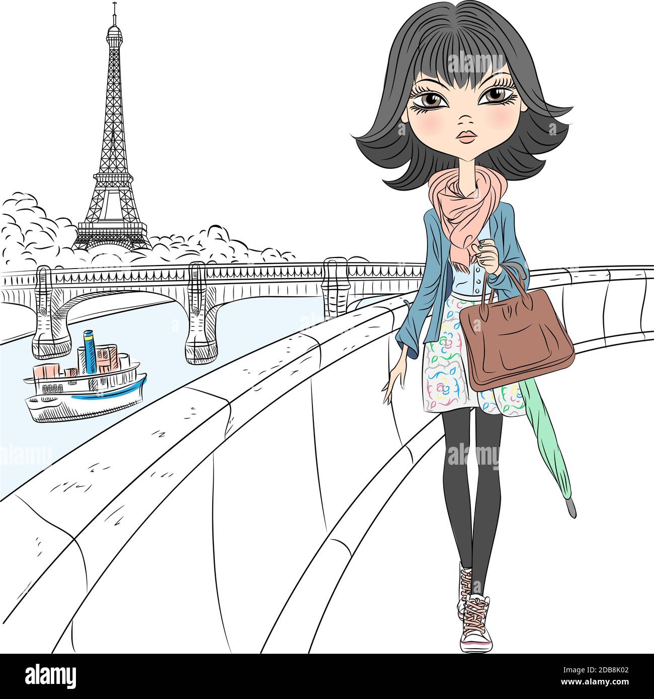 Belle fille de mode dans un foulard avec un parapluie et Un sac à pied sur le front de mer surplombant la Tour Eiffel À Paris Banque D'Images