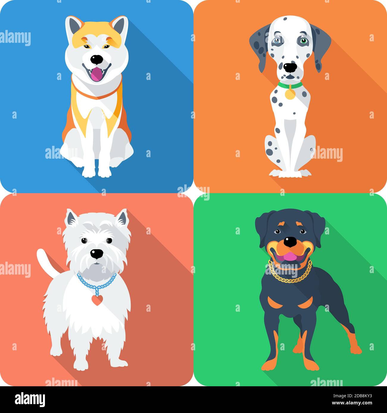 Chien vecteur Akita Inu, Dalmatian, Rottweiler et West Highland White Terrier race face Icon conception plate Banque D'Images