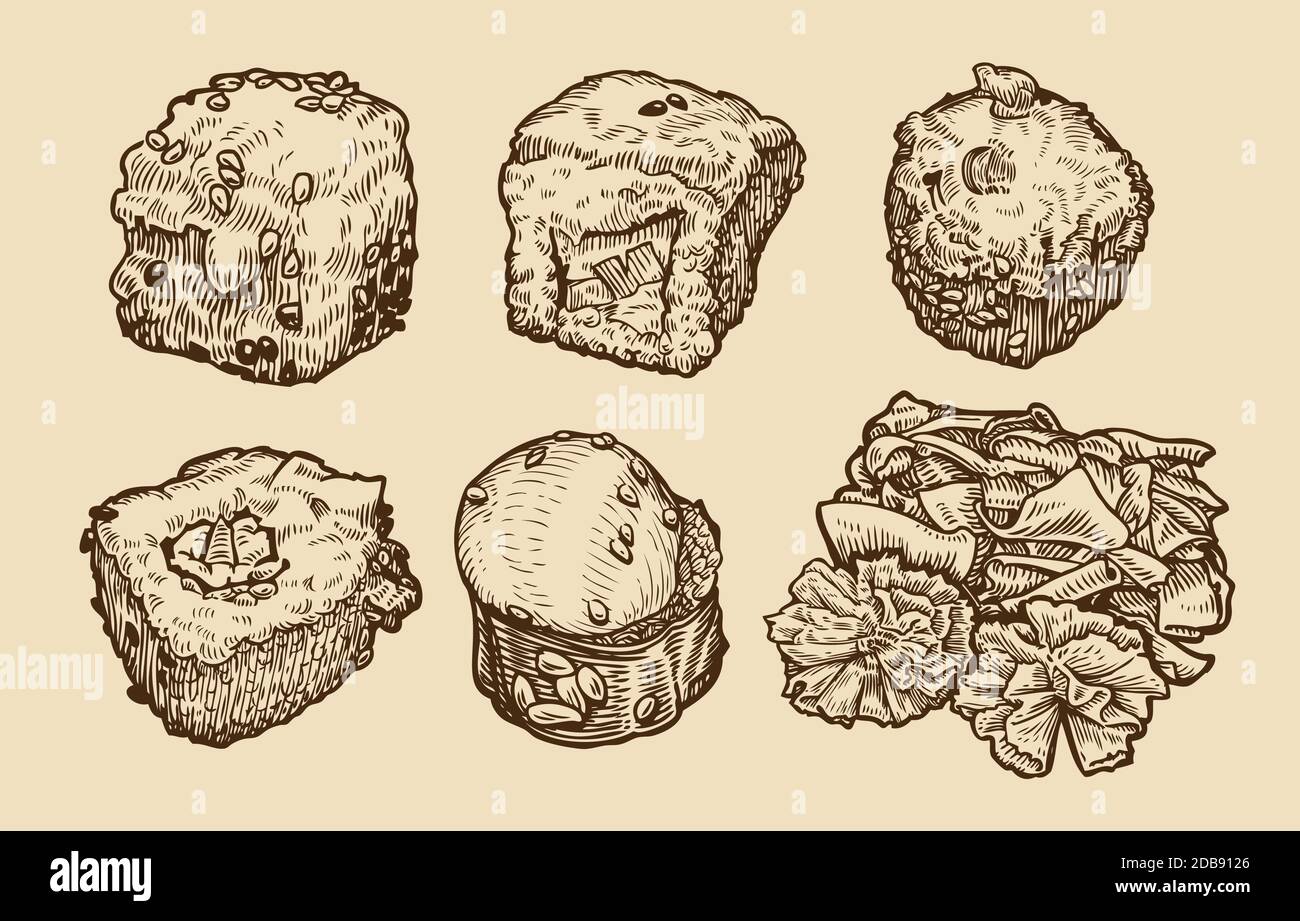 Ensemble sushi et petits pains. Illustration vectorielle de l'esquisse alimentaire asiatique Illustration de Vecteur