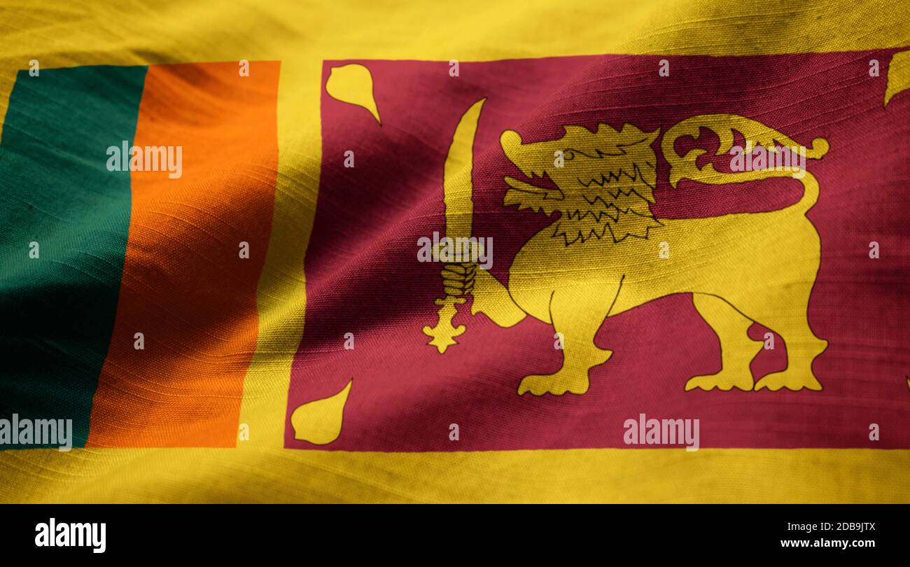 Gros plan du drapeau du Sri Lanka à volant, drapeau du Sri Lanka soufflant dans le vent Banque D'Images