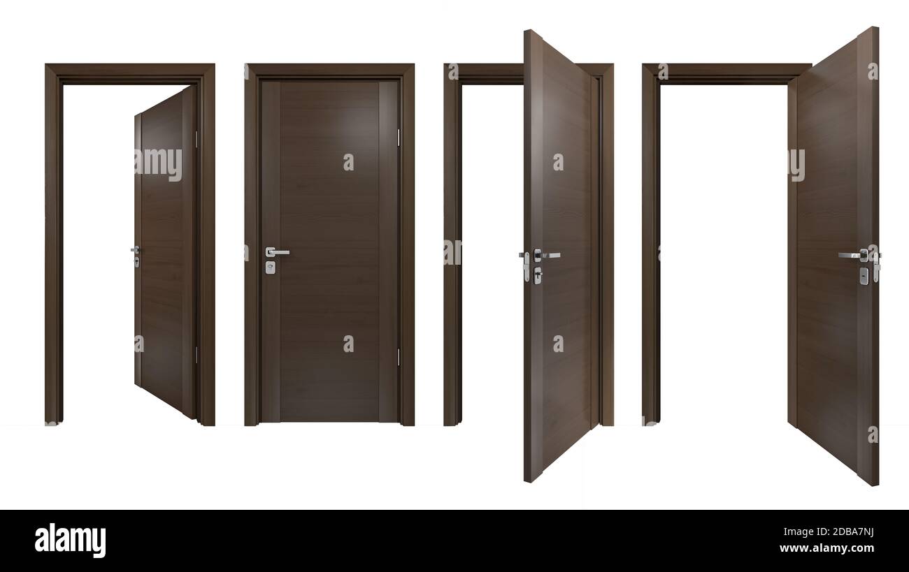 Ensemble de portes en bois massif de style classique fermé et ouvert à l'extérieur, à l'intérieur de la chambre. Portes en bois marron simples et modernes pour un design intérieur Banque D'Images