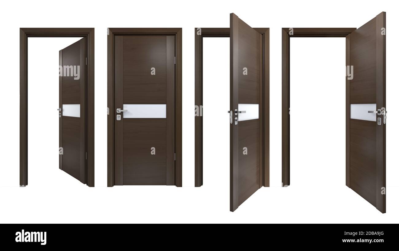 Ensemble moderne de portes en bois brun foncé avec bande de verre mat, isolé sur blanc. Entrée intérieure simple et moderne pour un style minimaliste Banque D'Images