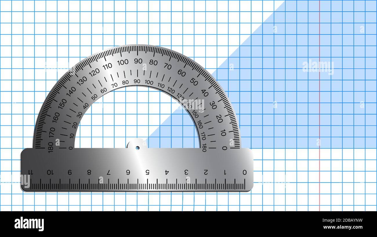 rapporteur métallique sur la feuille de l'ordinateur portable. Instruments de mesure scolaires. Enseignement scolaire, dessin, géométrie. Vecteur Illustration de Vecteur