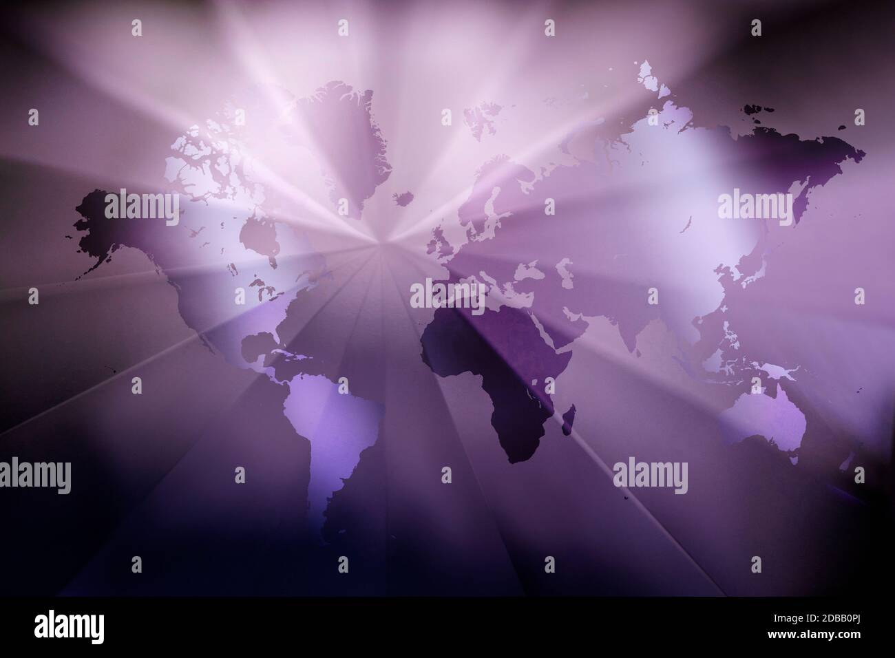 Carte du monde violet avec faisceaux lumineux Banque D'Images