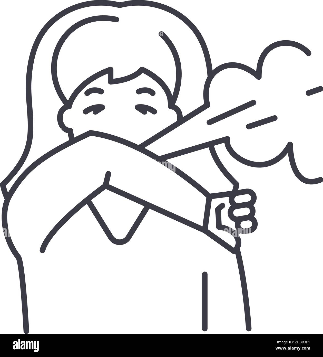 Éternuez sur l'icône du coude, l'illustration isolée linéaire, le vecteur de ligne mince, le signe de conception de Web, le symbole de concept de contour avec un trait modifiable sur le blanc Illustration de Vecteur